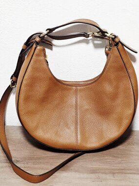 J Jill medium half moon crossbody bag, tan/gold, faux leather